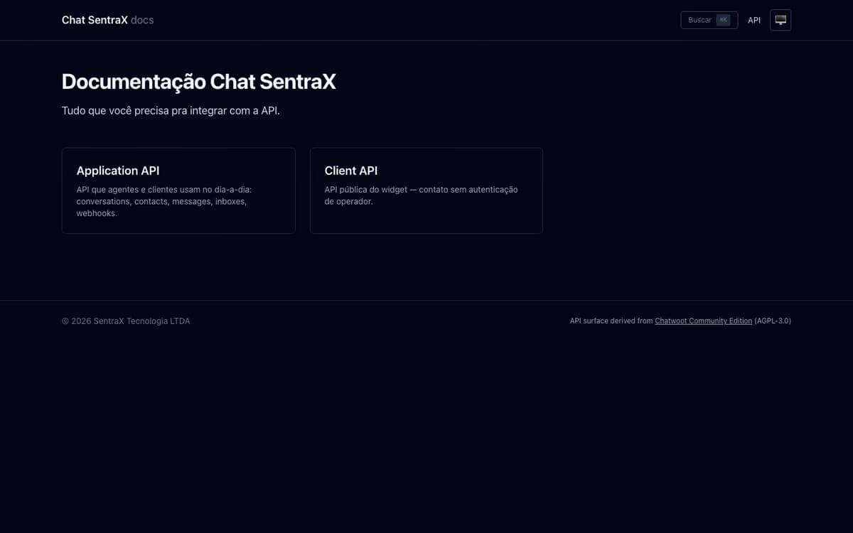 Documentação Chat SentraX em docs.sentrax.com.br